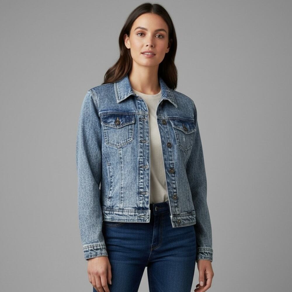 Tinseltown Denim Couture Jean Jacket Sz Large Distressed Medium Wash Streetwear